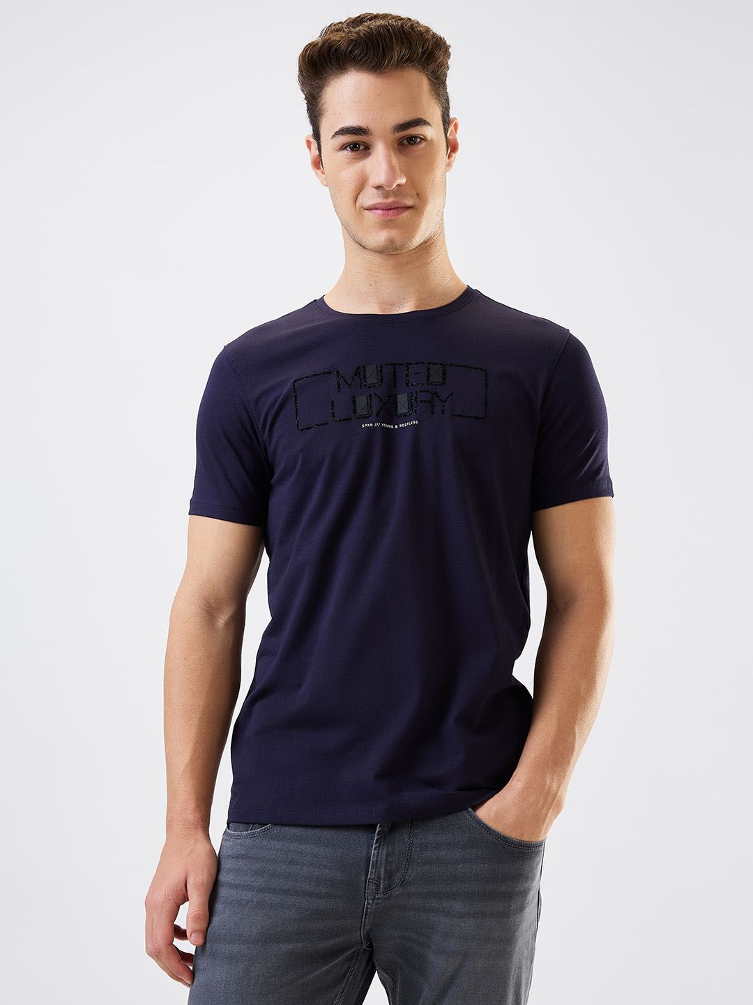 SPYKAR Men Typography Printed Round Neck Cotton Slim Fit T-shirt