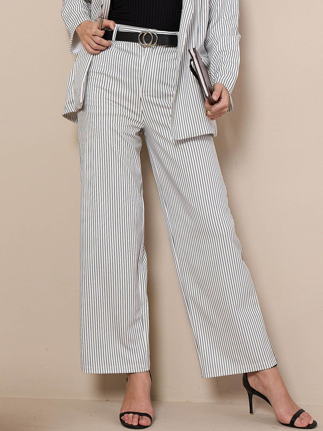 SASSAFRAS worklyf Women Striped Straight Leg High-Rise Trousers