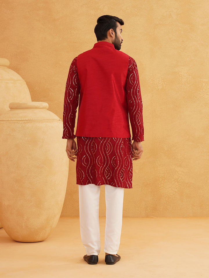 SOJANYA Geometrik Labuci Band Kolar Kapas Tulen Kurta Dengan Churidar Dan Jaket Nehru