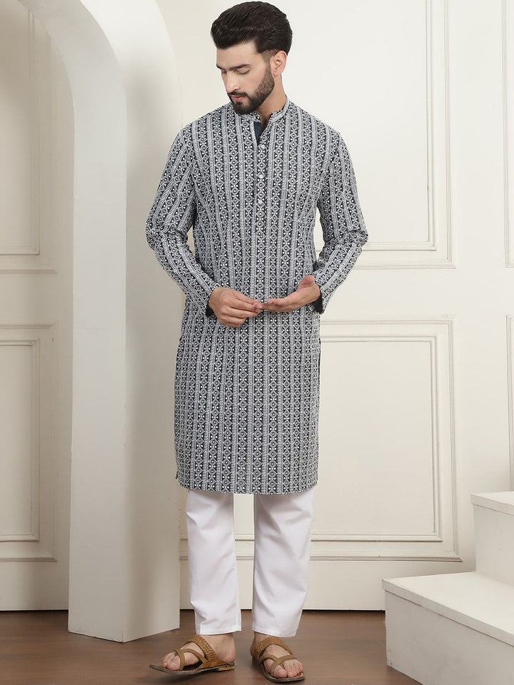 Anouk Charcoal Ethnic Motifs Embroidered Straight Pure Cotton Kurta with Churidar