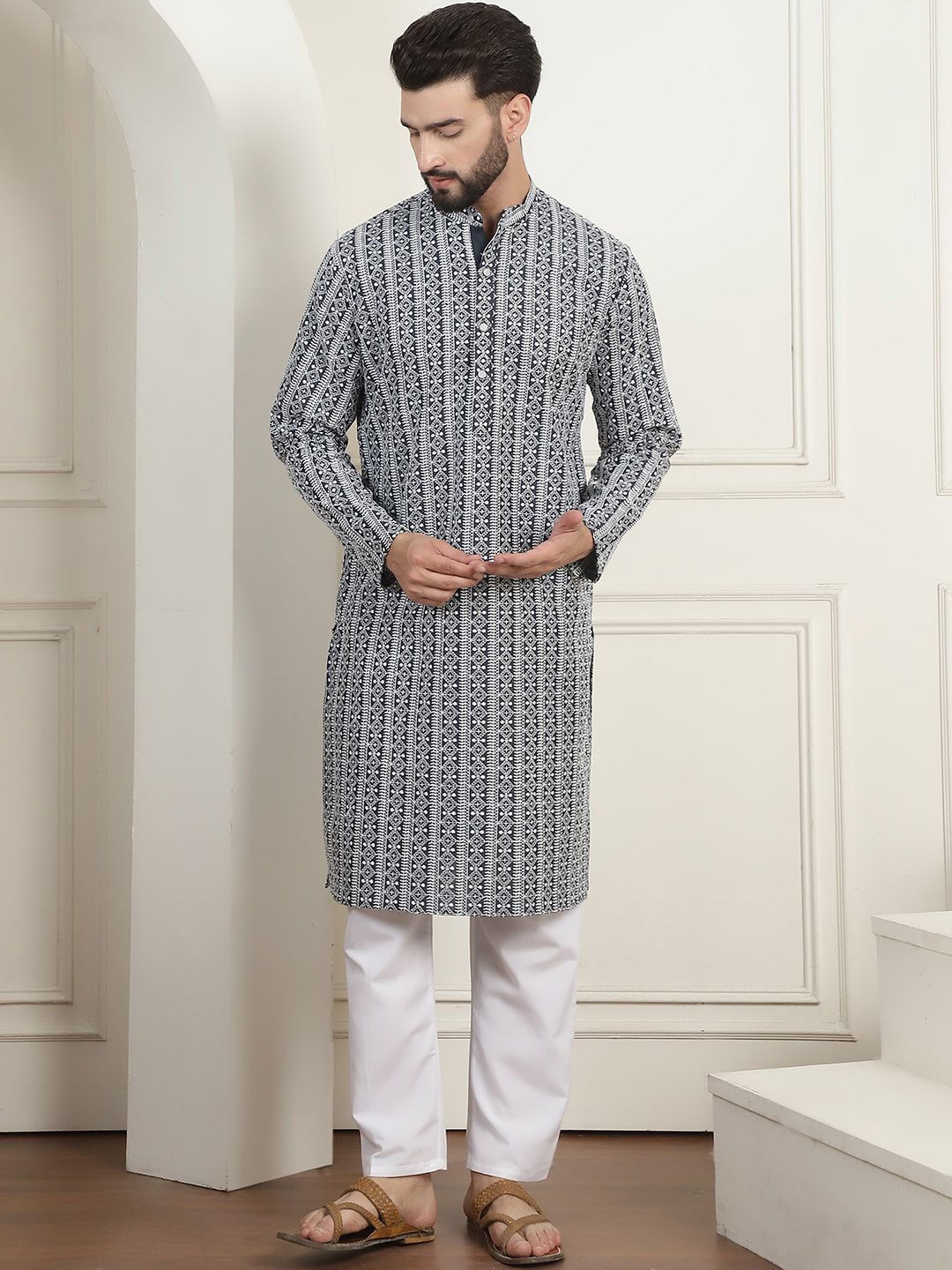 Anouk Charcoal Ethnic Motifs Embroidered Straight Pure Cotton Kurta with Churidar
