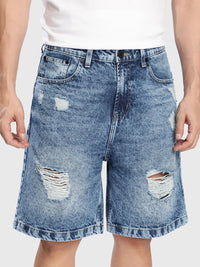 Bene Kleed Men Washed Mid-Rise Knee Length Relaxed Fit Denim Shorts