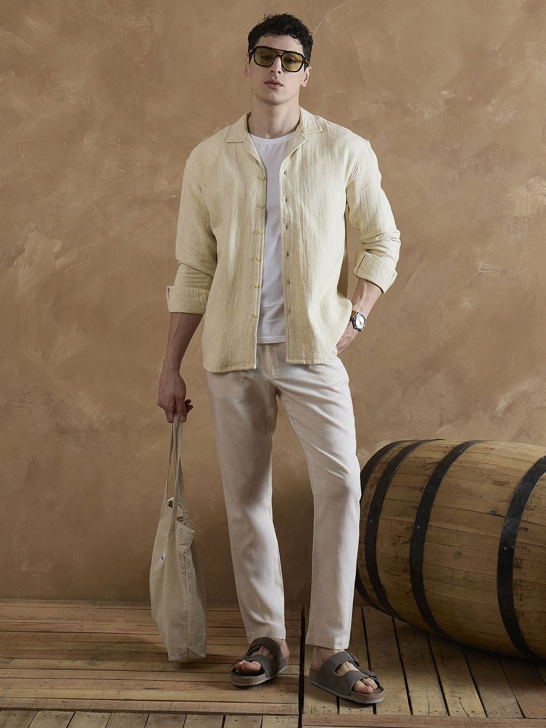 DENNISON Beige Double Gauge Self Design Shirt