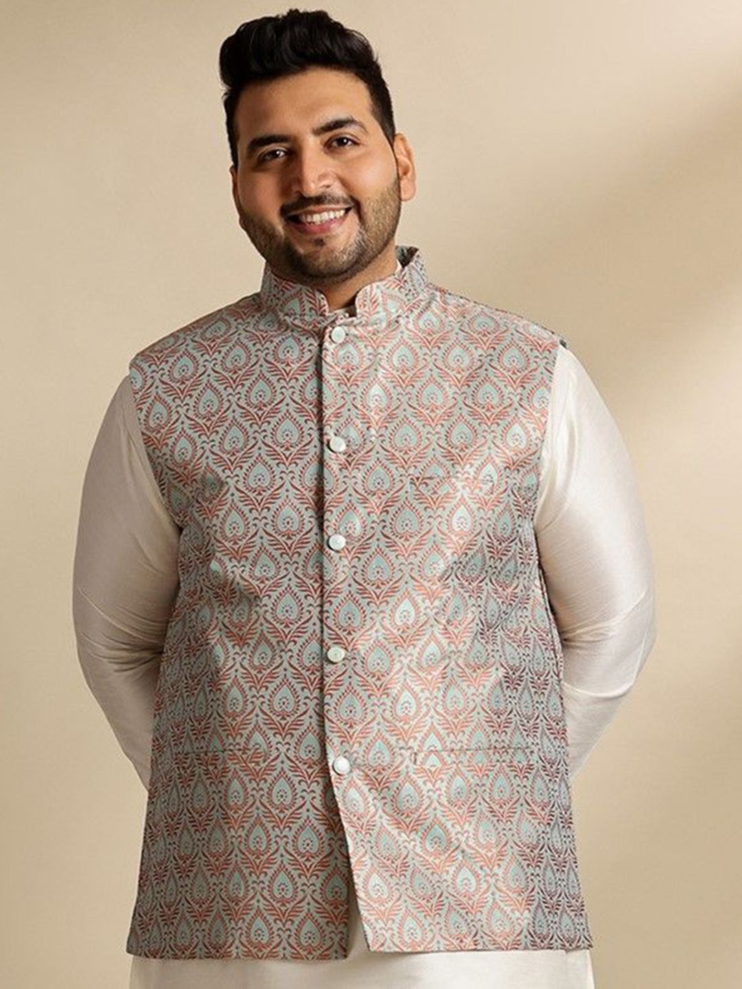 SOJANYA PLUS Woven Design Jacquard Silk Nehru Jacket