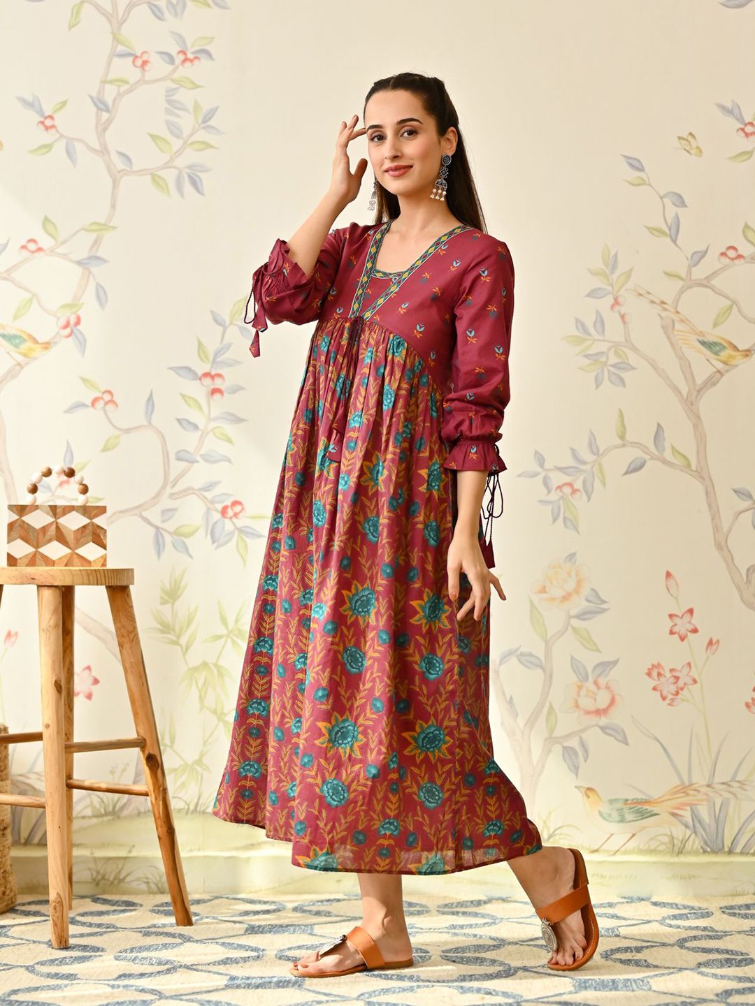 Rustorange Women Floral Printed Round Neck Cotton Empire Maxi Dress