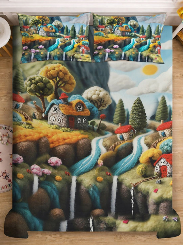 Multi Cartoon Printed 7D 400 TC King Size Superfine Bedsheet With 2 Pillow Cover
