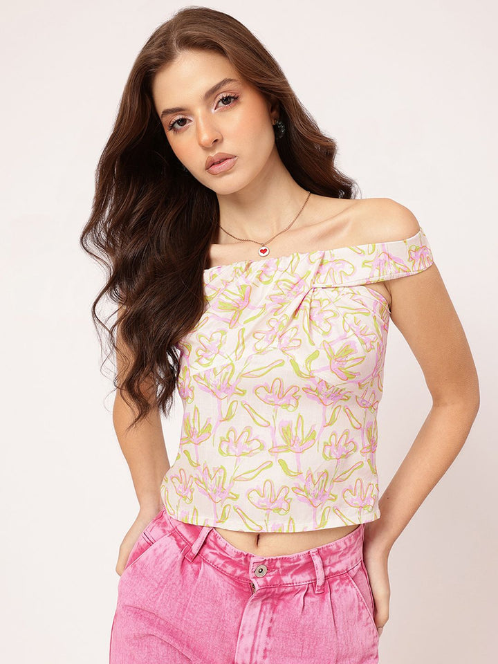 DressBerry Trendsetter Glow Floral Printed Off-Shoulder Twisted Empire Top