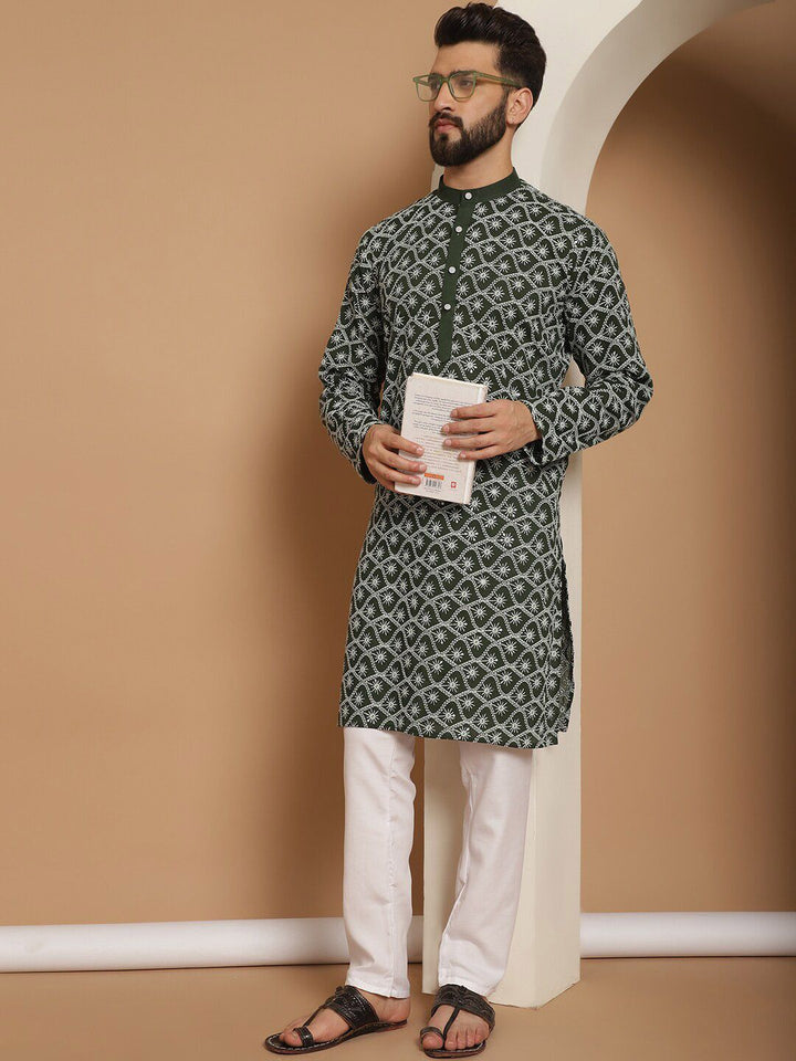 Anouk Green Ethnic Motifs Embroidered Regular Pure Cotton Kurta with Churidar