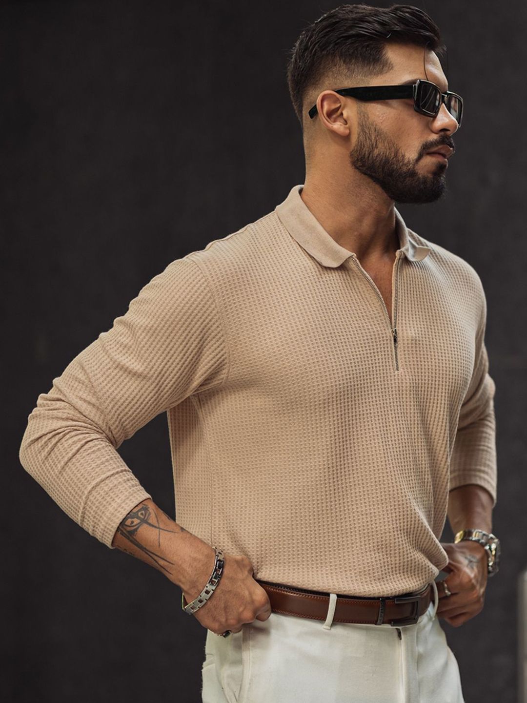 Powerlook Men Self Design Polo Collar Cotton T-shirt