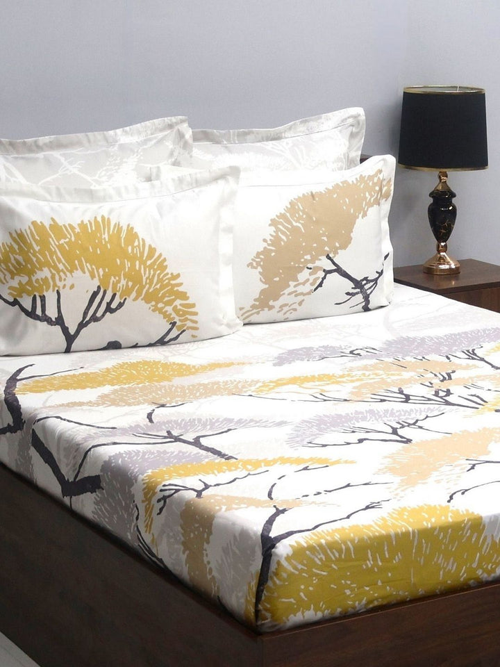 BOMBAY DYEING Urban Living Yellow Printed Cotton 400 TC King Bedsheet with 4 Pillow Covers