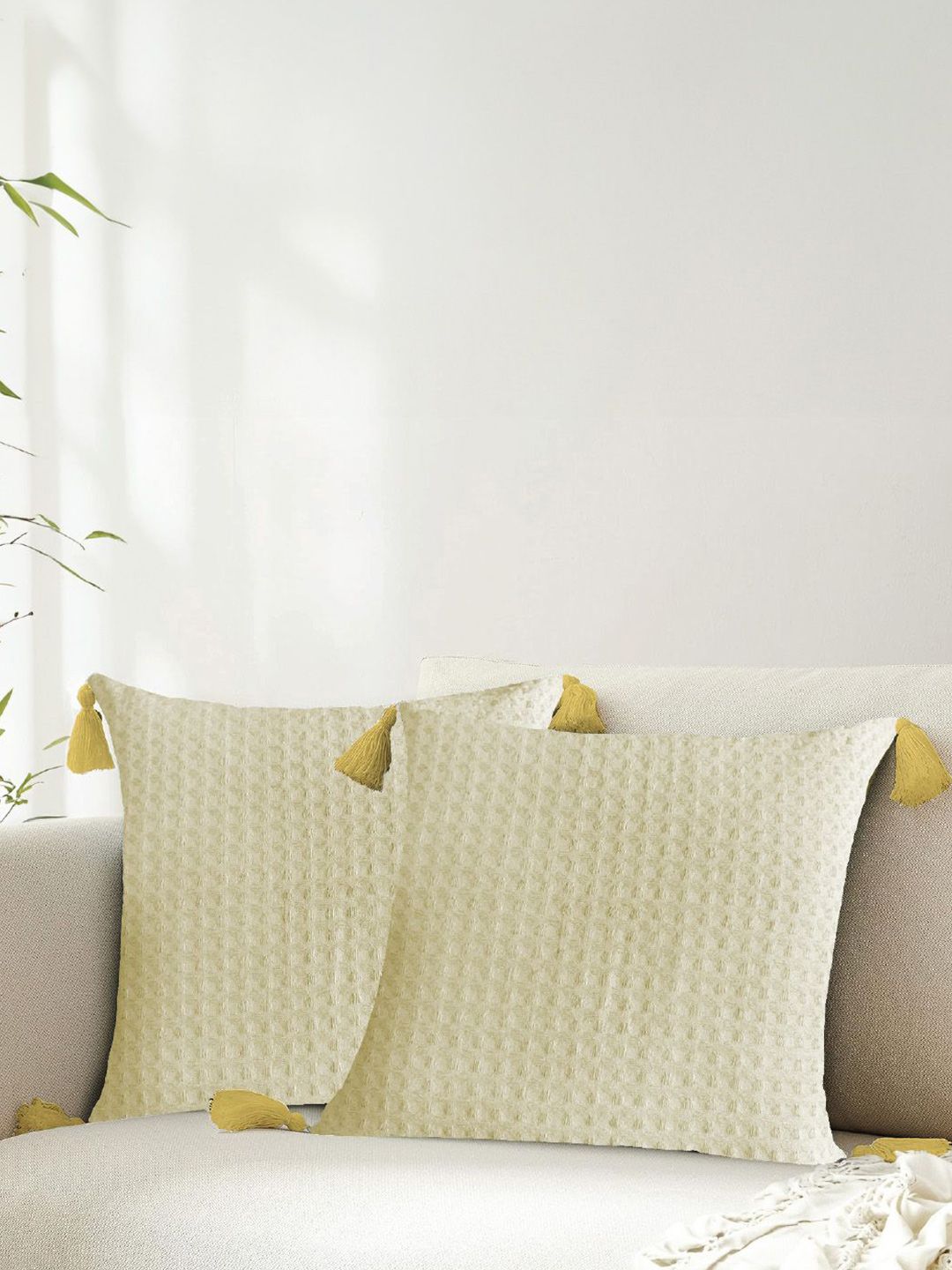 URBAN SPACE Beige 2 Pieces Checked Pure Cotton Square Cushion Covers