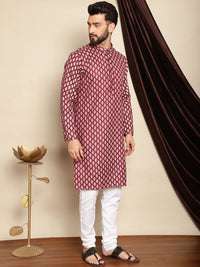 Anouk Maroon Bandhani Printed Mandarin Collar Straight Kurta With Churidar