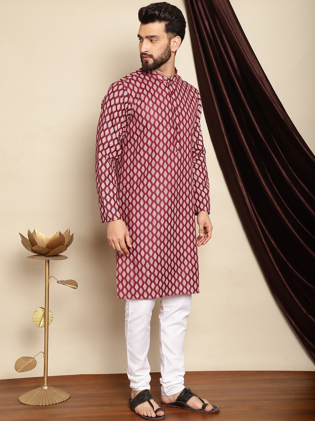 Anouk Maroon Bandhani Printed Mandarin Collar Straight Kurta With Churidar
