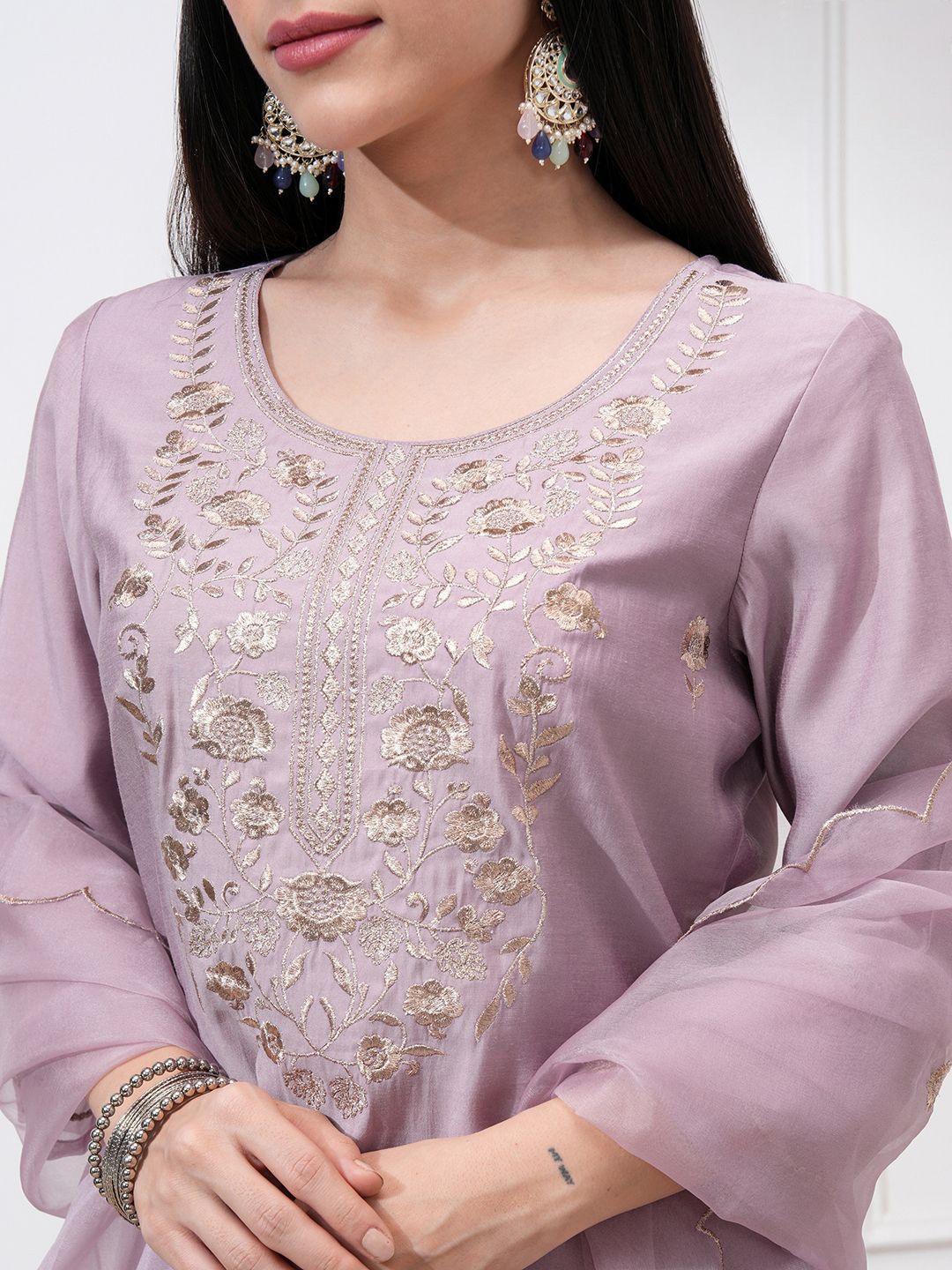 Vishudh Women Embroidered New Roman Kurta with Bottom and Nylon Organza Dupatta