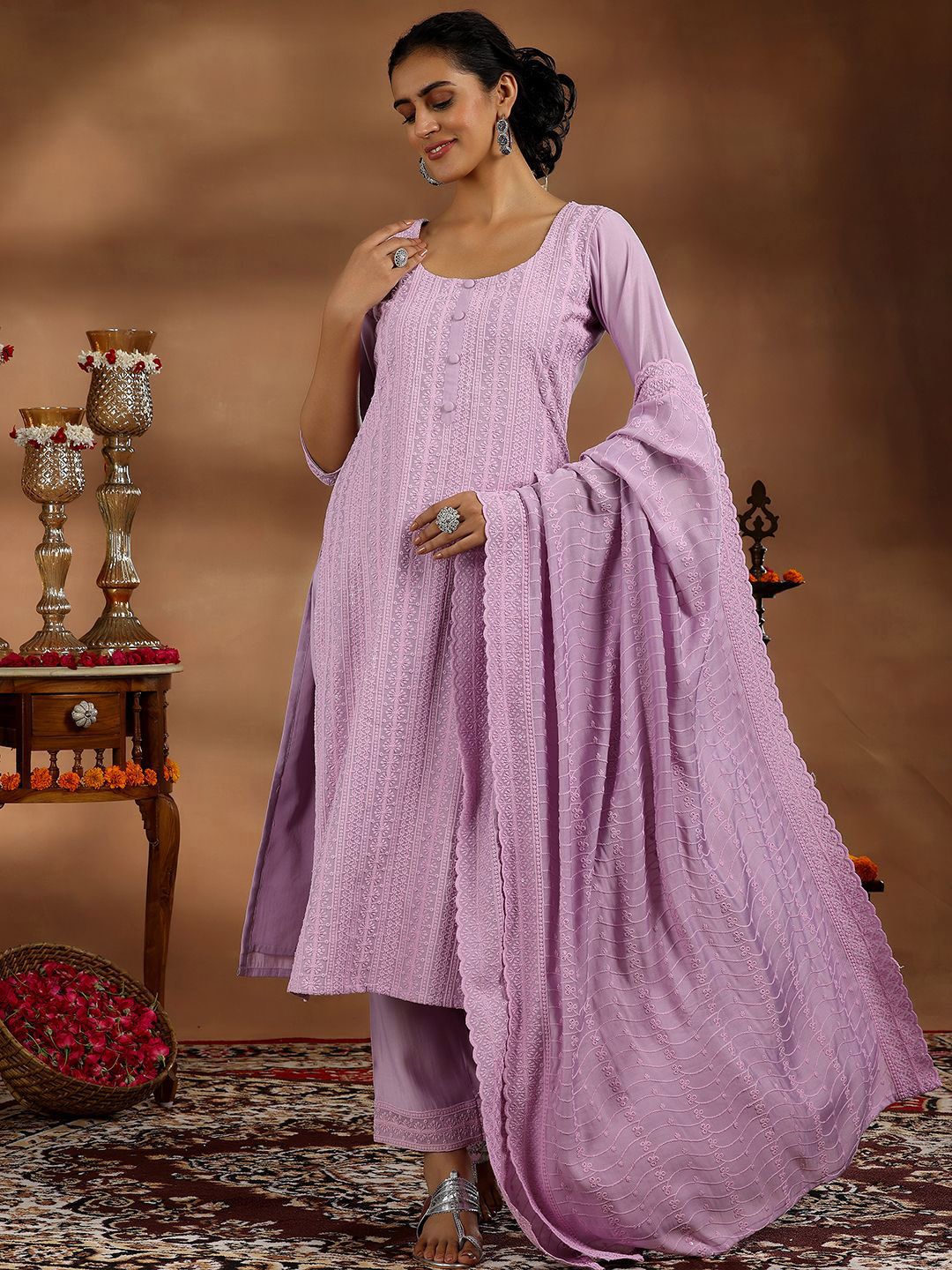 Libas Floral Embroidered Regular Sequinned Kurta with Trousers & Dupatta