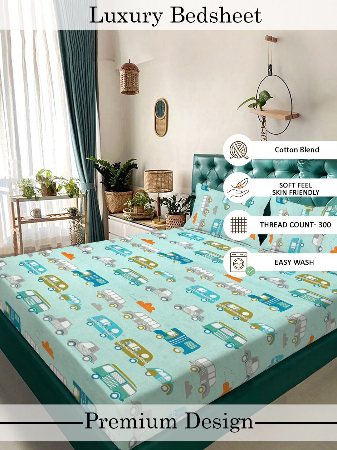 Myntra Elegant Homes Watak Kartun Hijau 300 TC Cadar Katil King dengan 2 Sarung Bantal