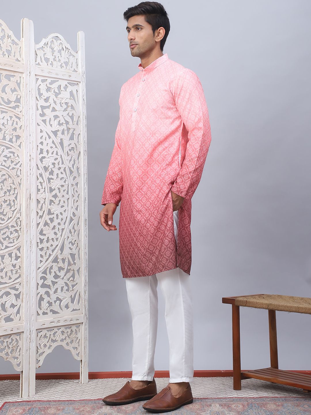 Jompers Ombre Printed Mandarin Collar Thread Work Straight Kurta With Pyjamas
