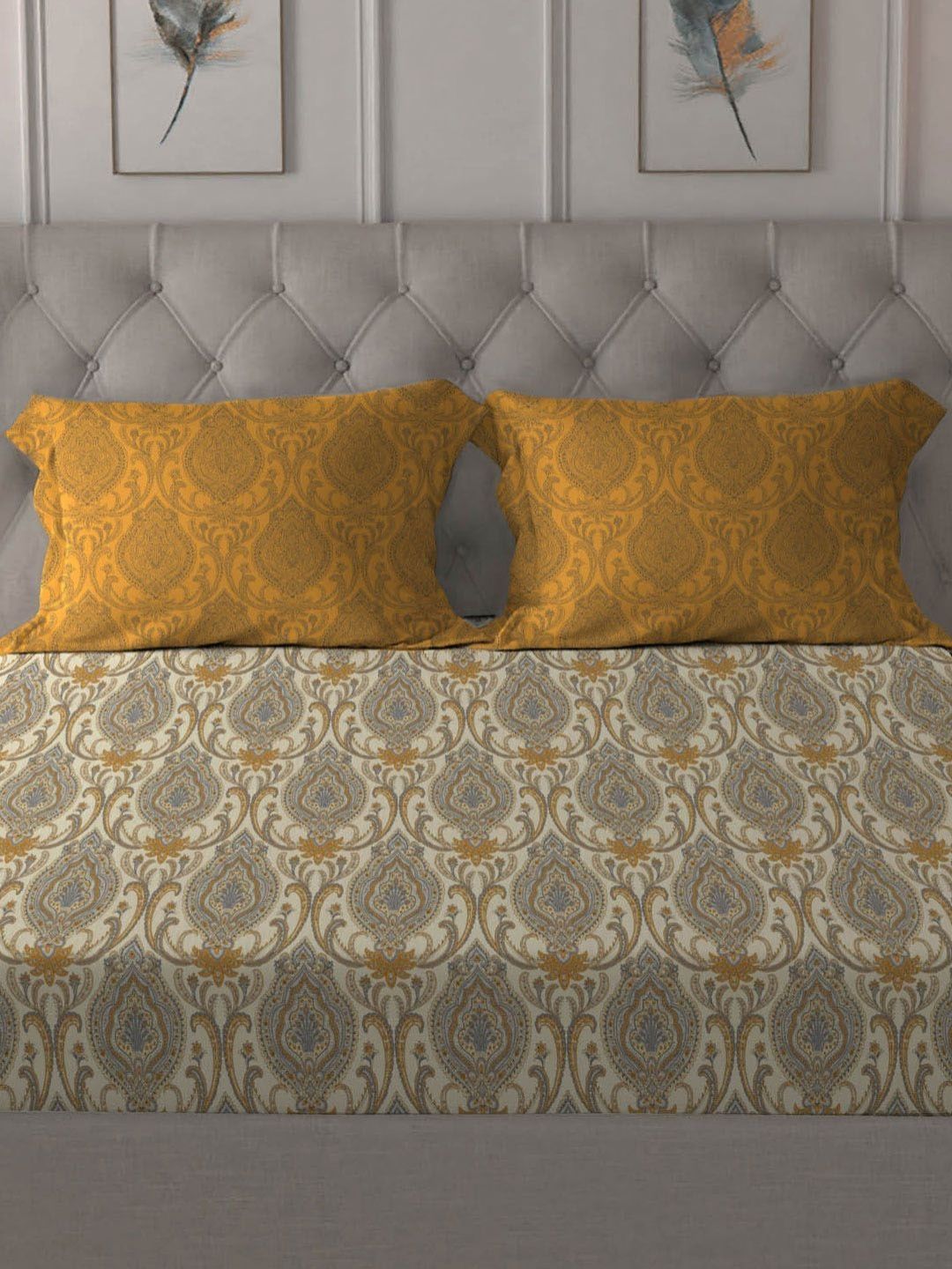 MYTRIDENT Ornate Yellow Dusk & Dawn Flat 144TC Queen Cotton Bedsheet with 2 Pillow Covers