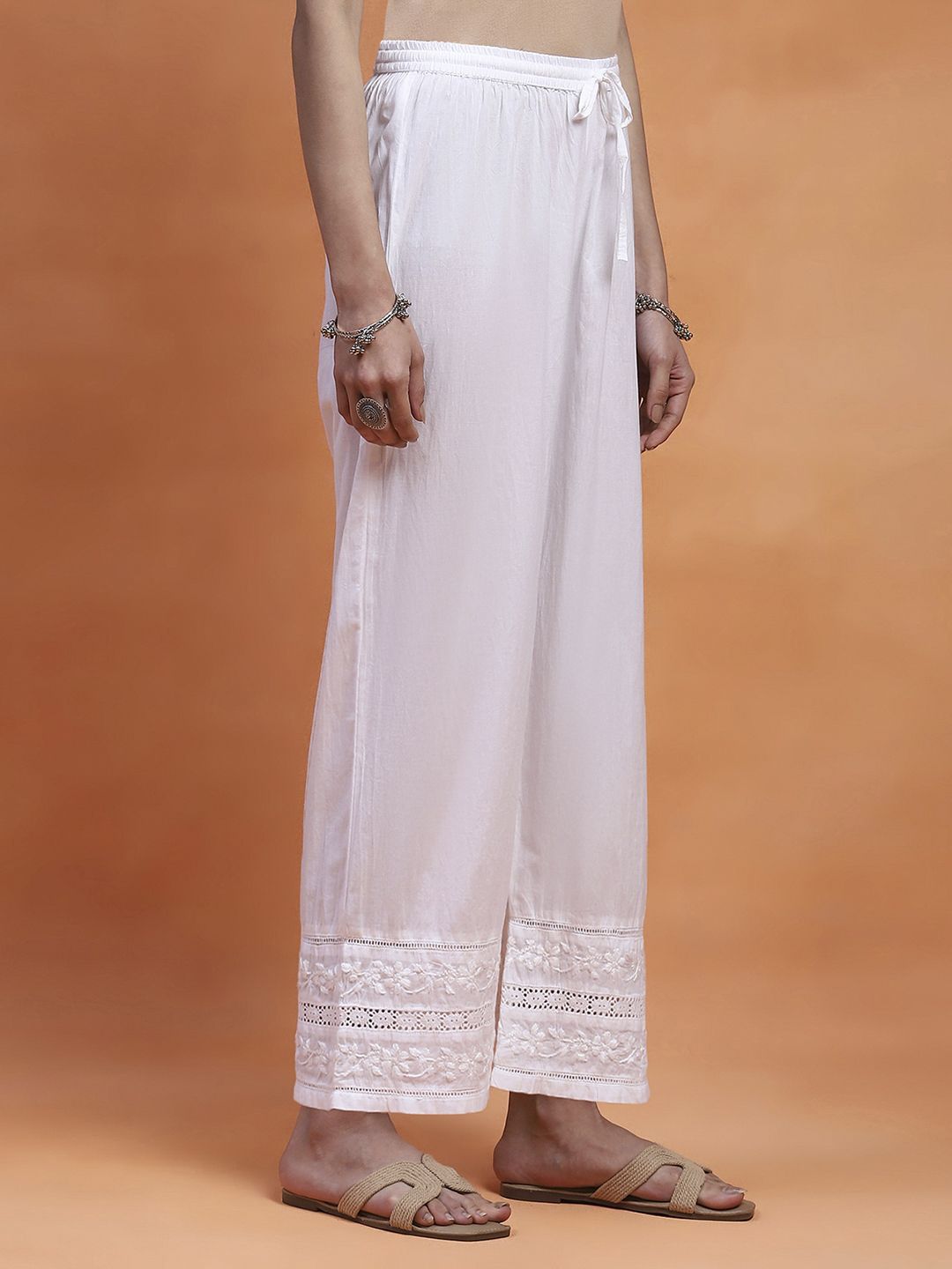 House of Chikankari Women White Cotton Chikankari Embroidered Palazzo