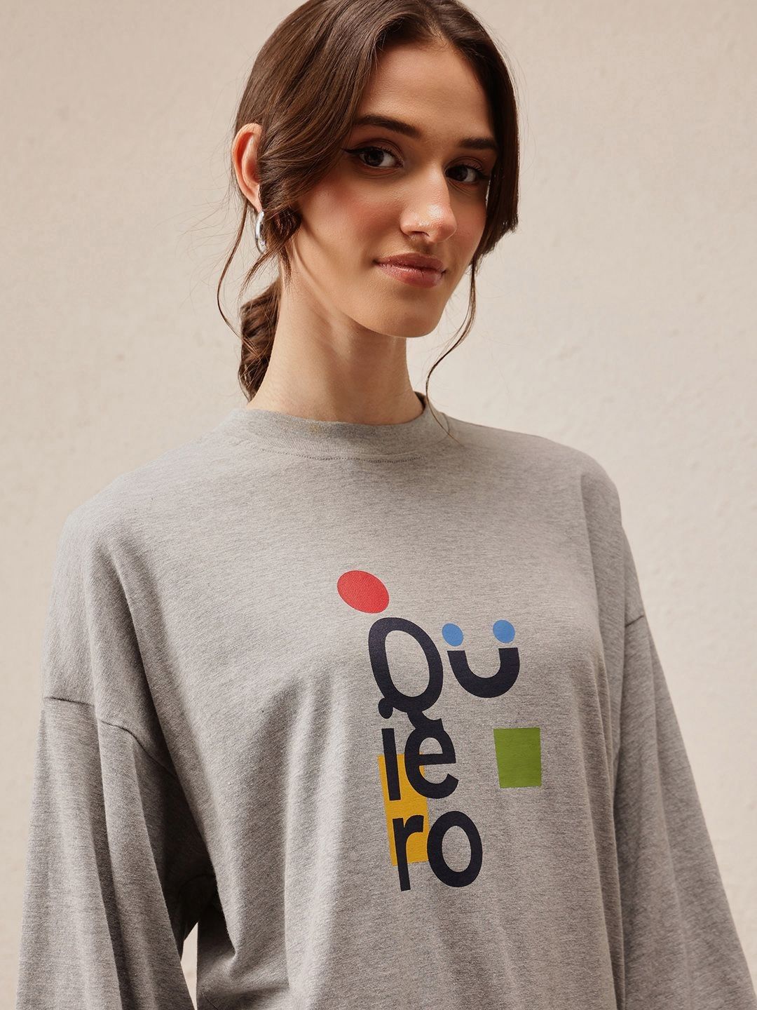 QUIERO Women Printed Drop-Shoulder Sleeves Bio Finish T-shirt