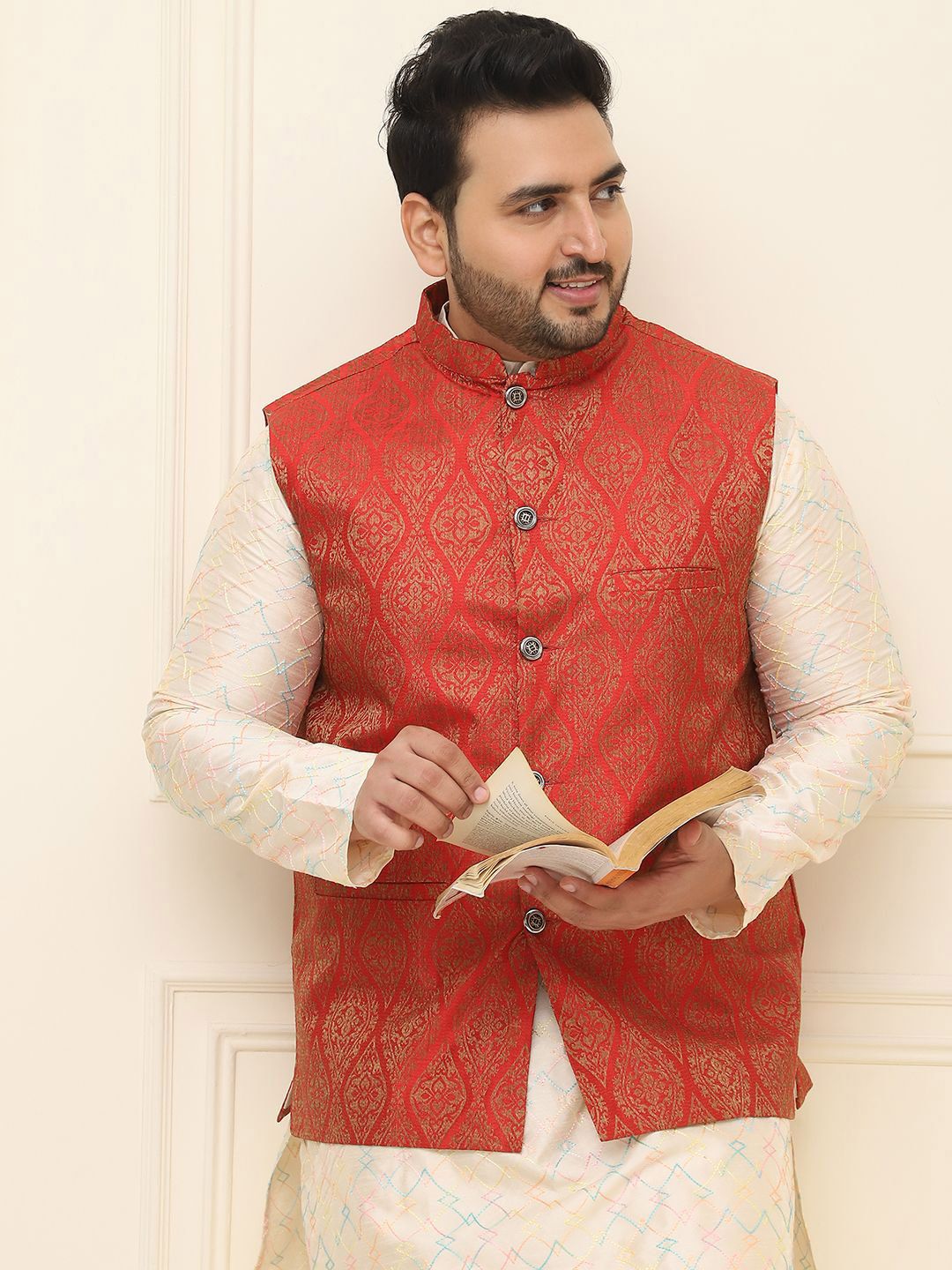 SOJANYA PLUS Lelaki Plus Size Printed Mandarin Collar Nehru Jaket