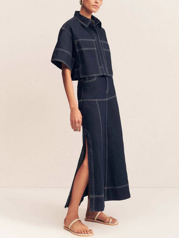 all about you Indigo Edge Denim Self Design Shirt Collar Crop Shirt & Skirt