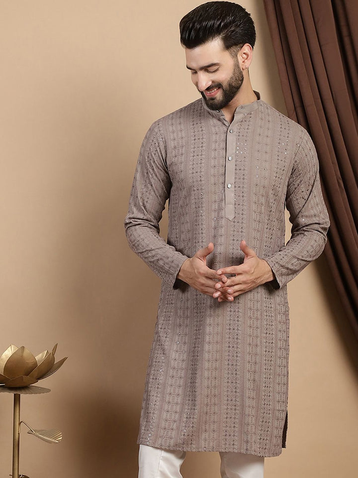 Anouk Floral Embroidered Thread Work Sequinned  Mandarin Collar Pure Cotton Straight Kurta