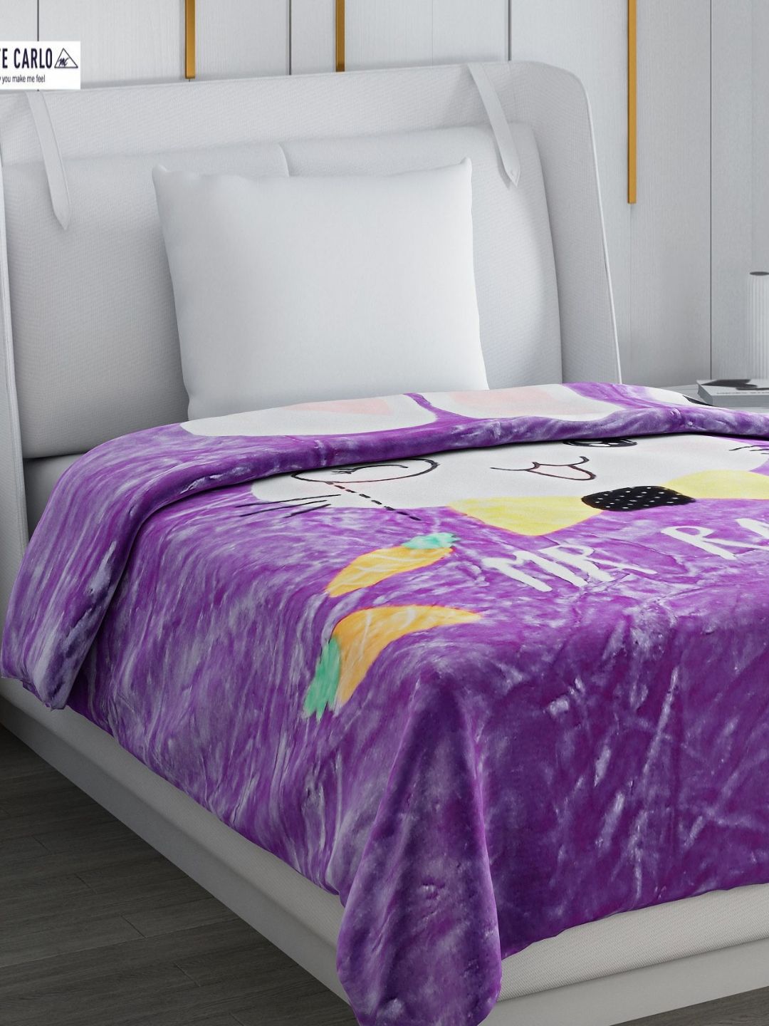 Monte Carlo Lavender & White Cartoon Printed Mild Winter 600 GSM Single Bed Blanket