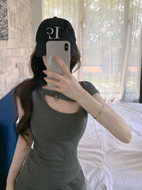 DressBerry Women Round Neck Short Sleeves Cut Out Top