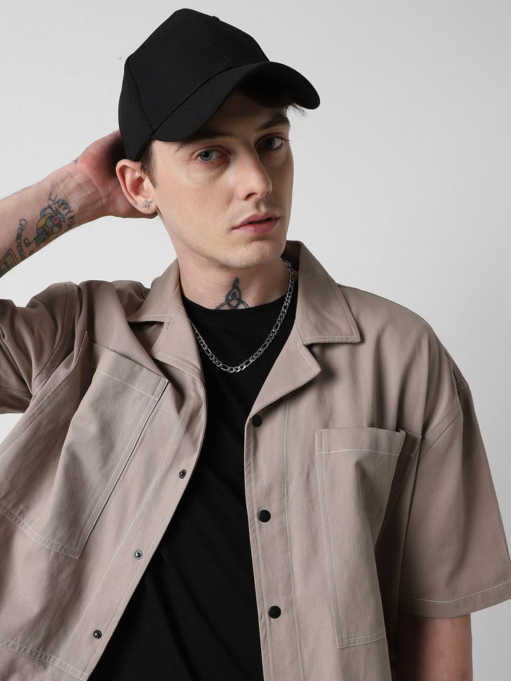 VASTRADO Men Classic Cuban Collar Solid Cotton Oversized Casual Shirt