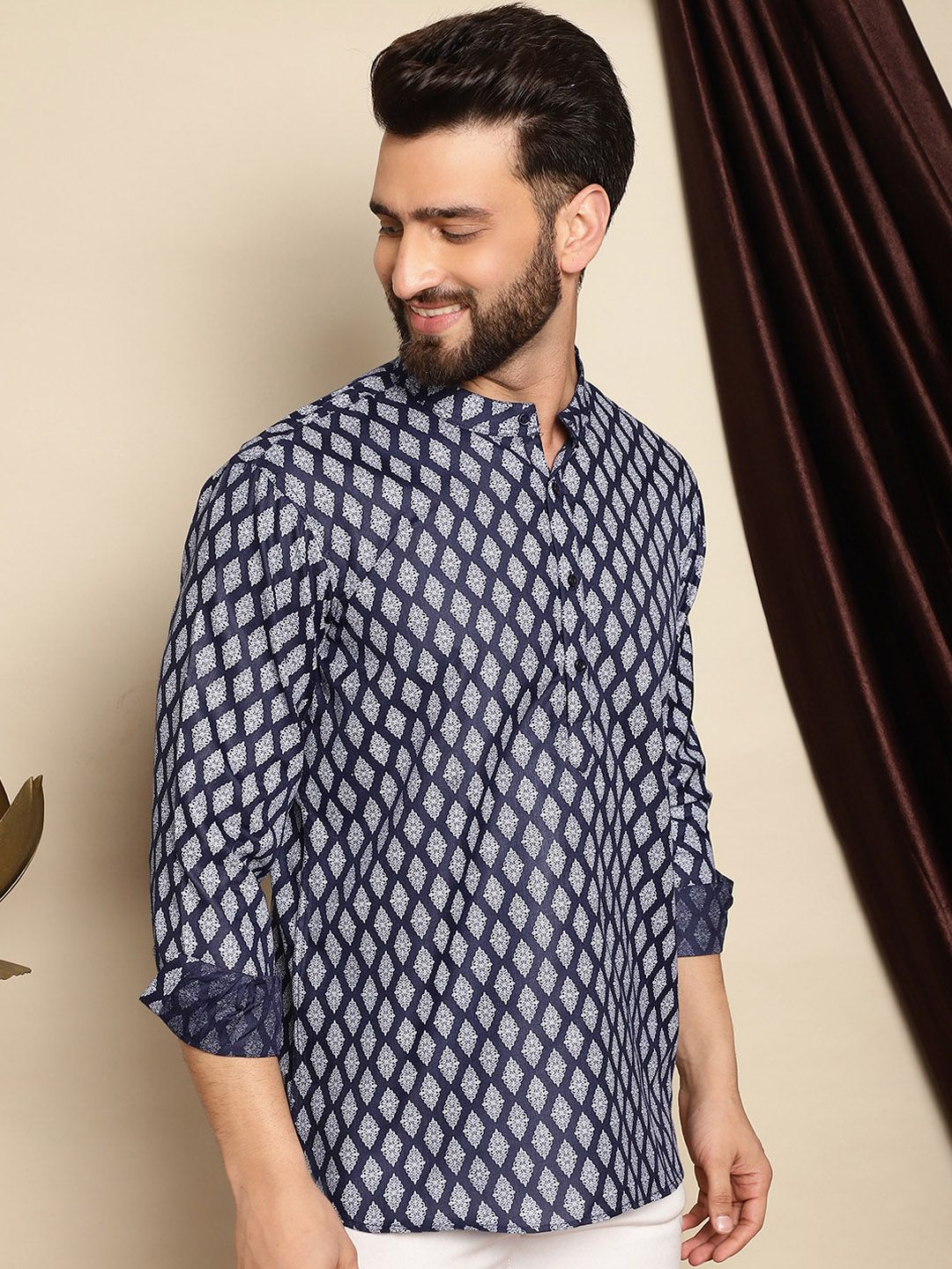 Anouk Ethnic Motifs Printed Band Collar Cotton Linen Straight Short Kurta