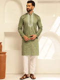 SOJANYA Geometric Embroidered Mandarin Collar Thread Work Cotton Silk Straight Kurta