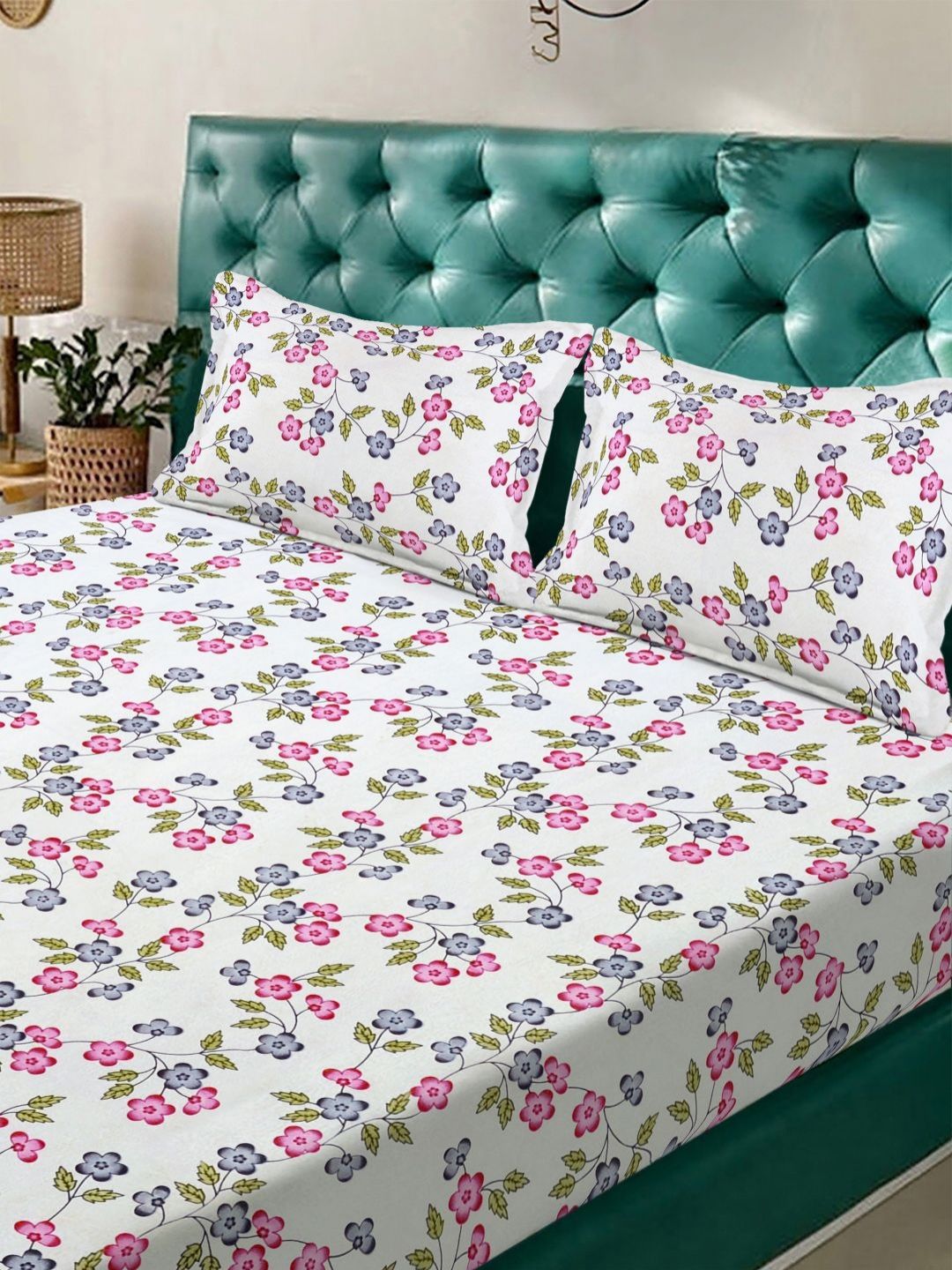 Myntra Elegant Homes Cream Floral Polycotton 300 TC King Fine Bedsheet with 2 Pillow Covers- 98 x 89 inches