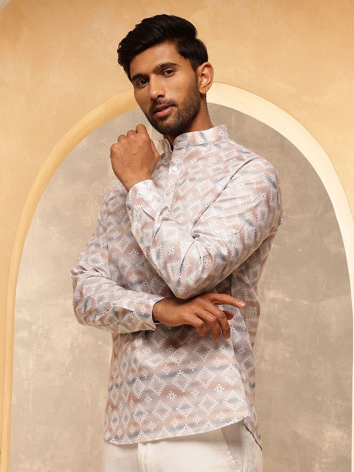 SOJANYA Geometric Printed Band Collar Cotton Linen Kurta Lurus