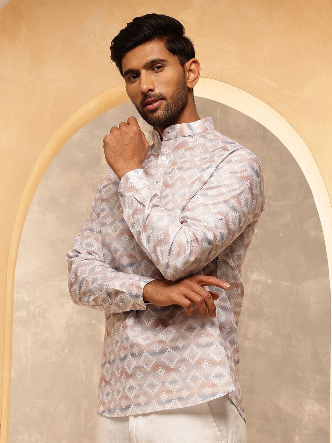 SOJANYA Geometric Printed Band Collar Cotton Linen Kurta Lurus