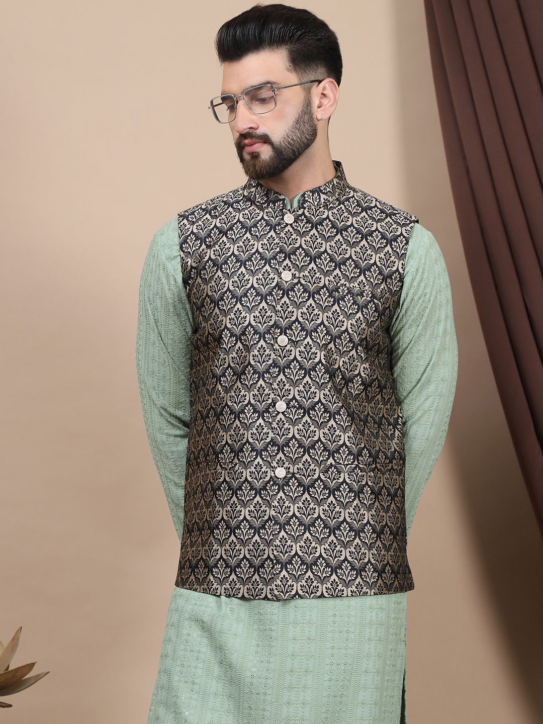 Anouk Floral Embroidered Pure Cotton Sequinned Straight Kurta With Churidar & Nehru Jacket