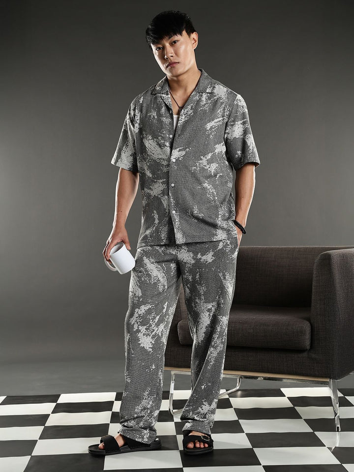 Eszett Grey Abstract Printed Jacquard Spread Collar Pure Cotton Shirt With Trouser Co-Ord Set