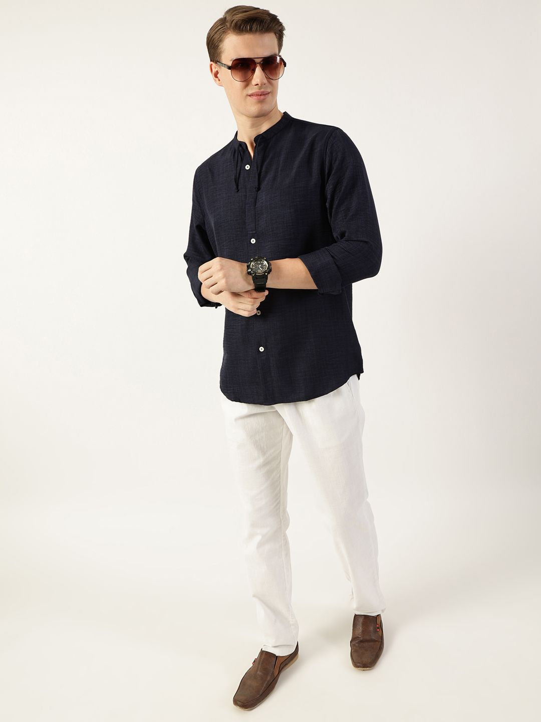 Thomas Scott Men Classic Mandarin Collar Solid Slim Fit Casual Shirt