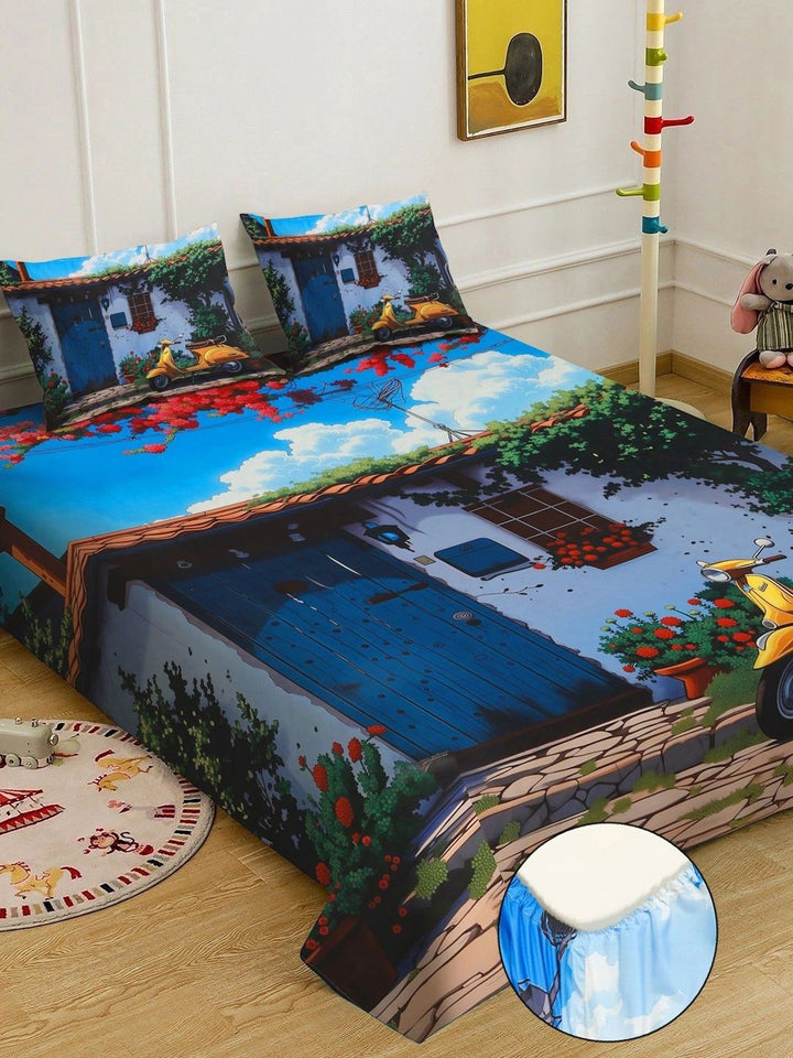 KLOTTHE Blue 400 TC King Bedsheet with 2 Pillow Covers