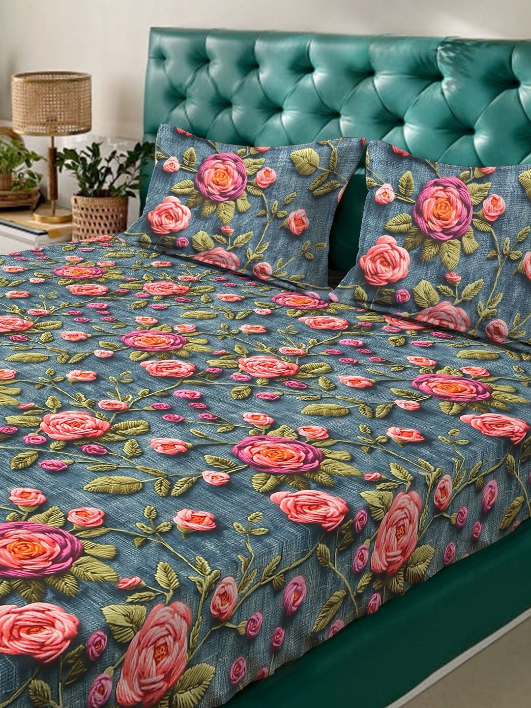 Myntra Elegant Homes Turquoise Blue Floral 300 TC King Bedsheet with 2 Pillow Covers