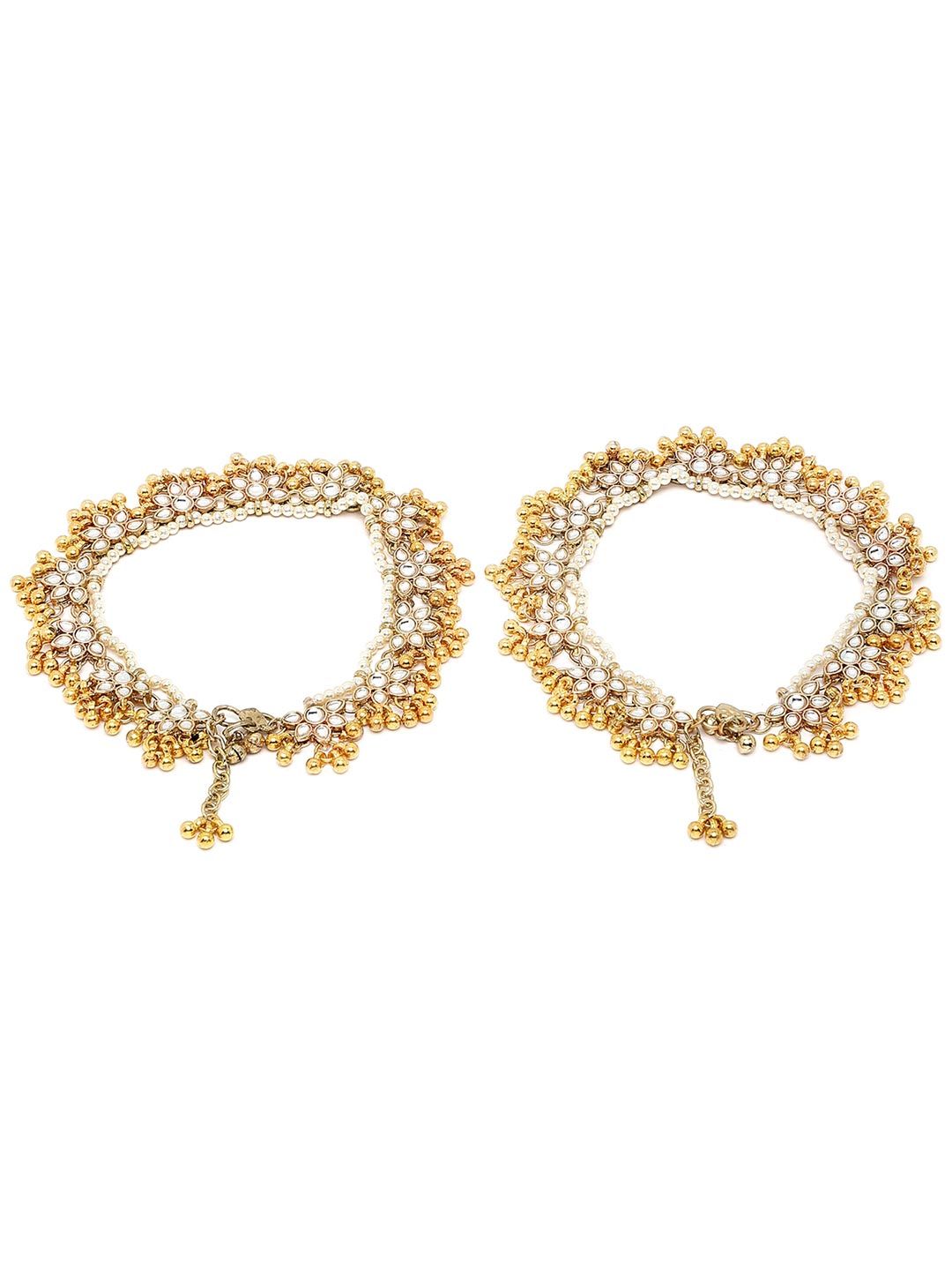 KARATCART Set Of 2 Gold-Plated White Kundan-Studded Anklets