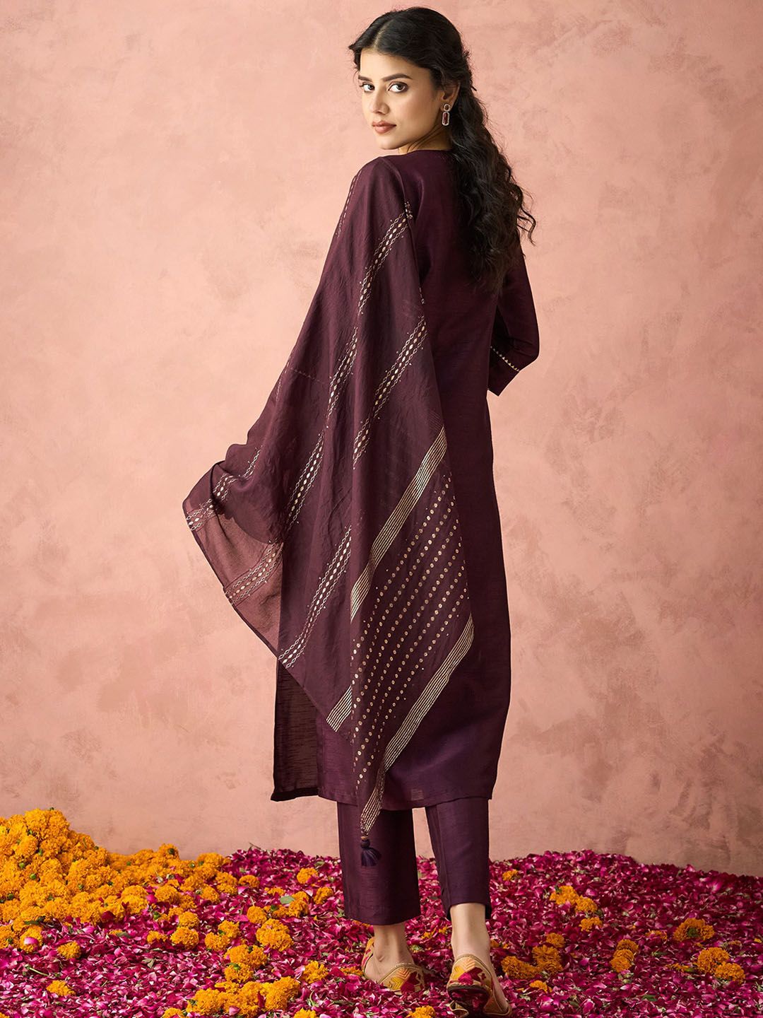 KALINI Floral Yoke Design Sequinned Straight Kurta with Trousers & Dupatta