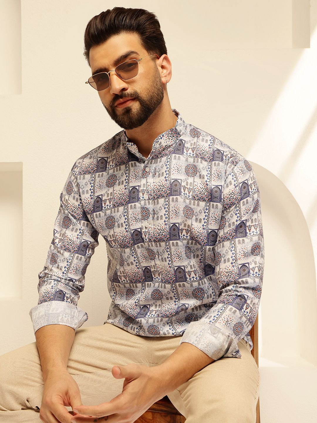 SOJANYA Motif Etnik Printed Mandarin Collar Cotton Straight Kurta