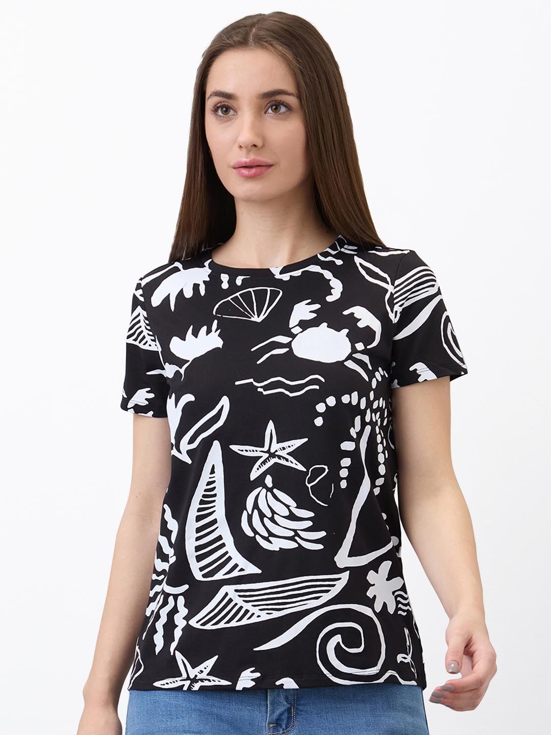 SPYKAR Women Regular Fit Abstract Printed Round Neck Cotton T-shirt