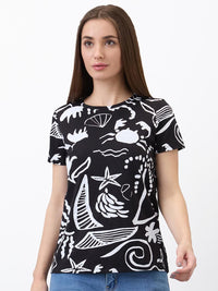 SPYKAR Women Regular Fit Abstract Printed Round Neck Cotton T-shirt