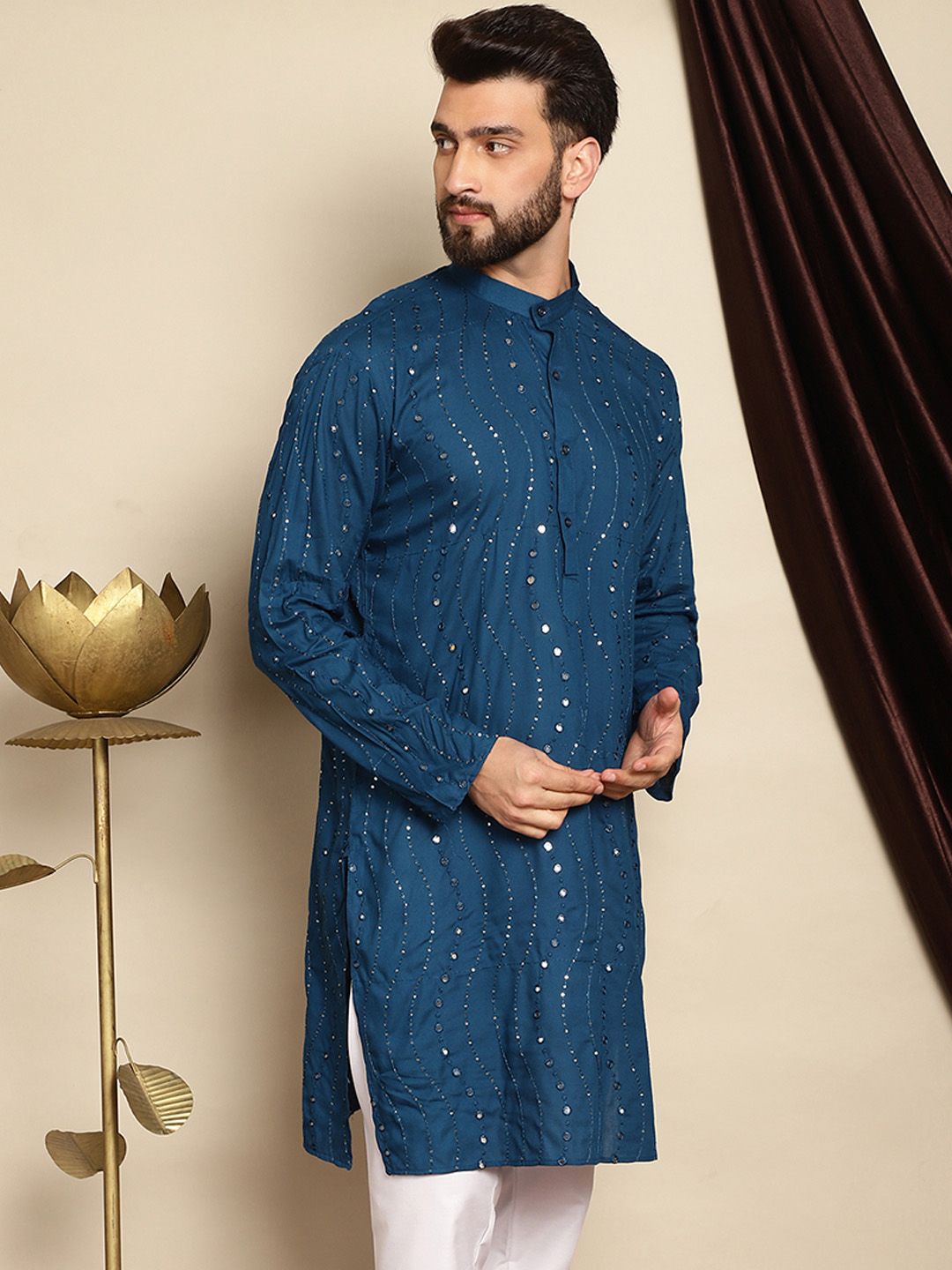 Anouk Teal Blue Geometric Embroidered Mandarin Collar Mirror Work Cotton Straight Kurta