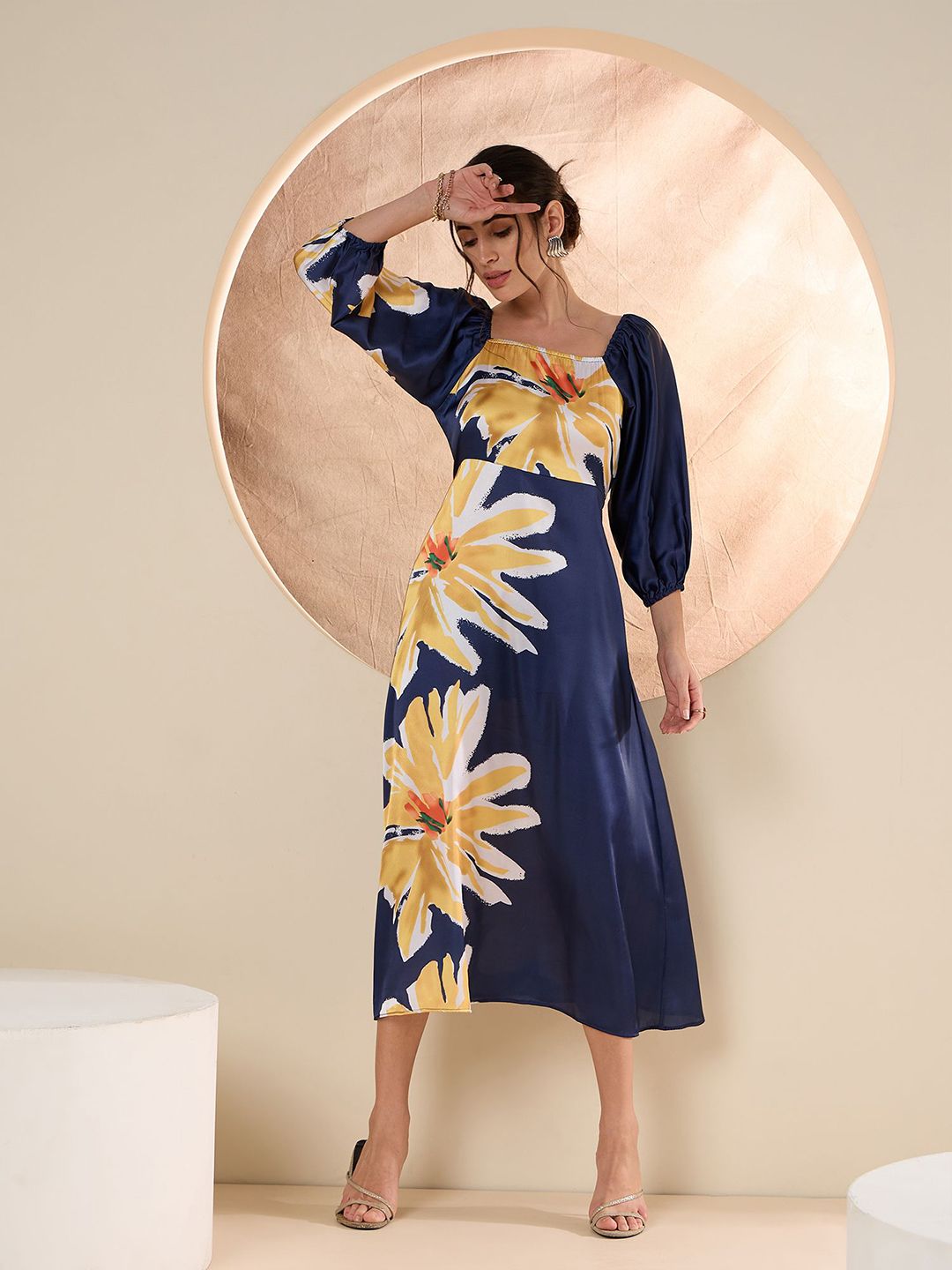 Antheaa Floral Printed Satin A-Line Midi Dress
