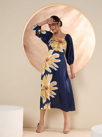 Antheaa Floral Printed Satin A-Line Midi Dress