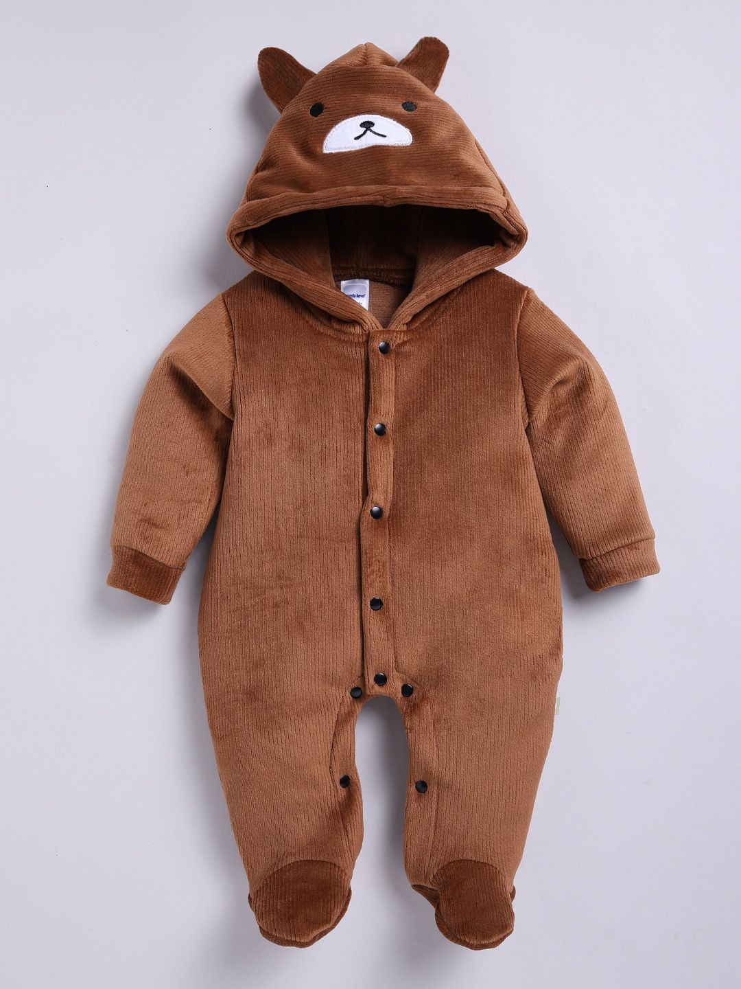 Moms Love Infant Boys Pure Cotton Velvet Finish Hooded Sleepsuit