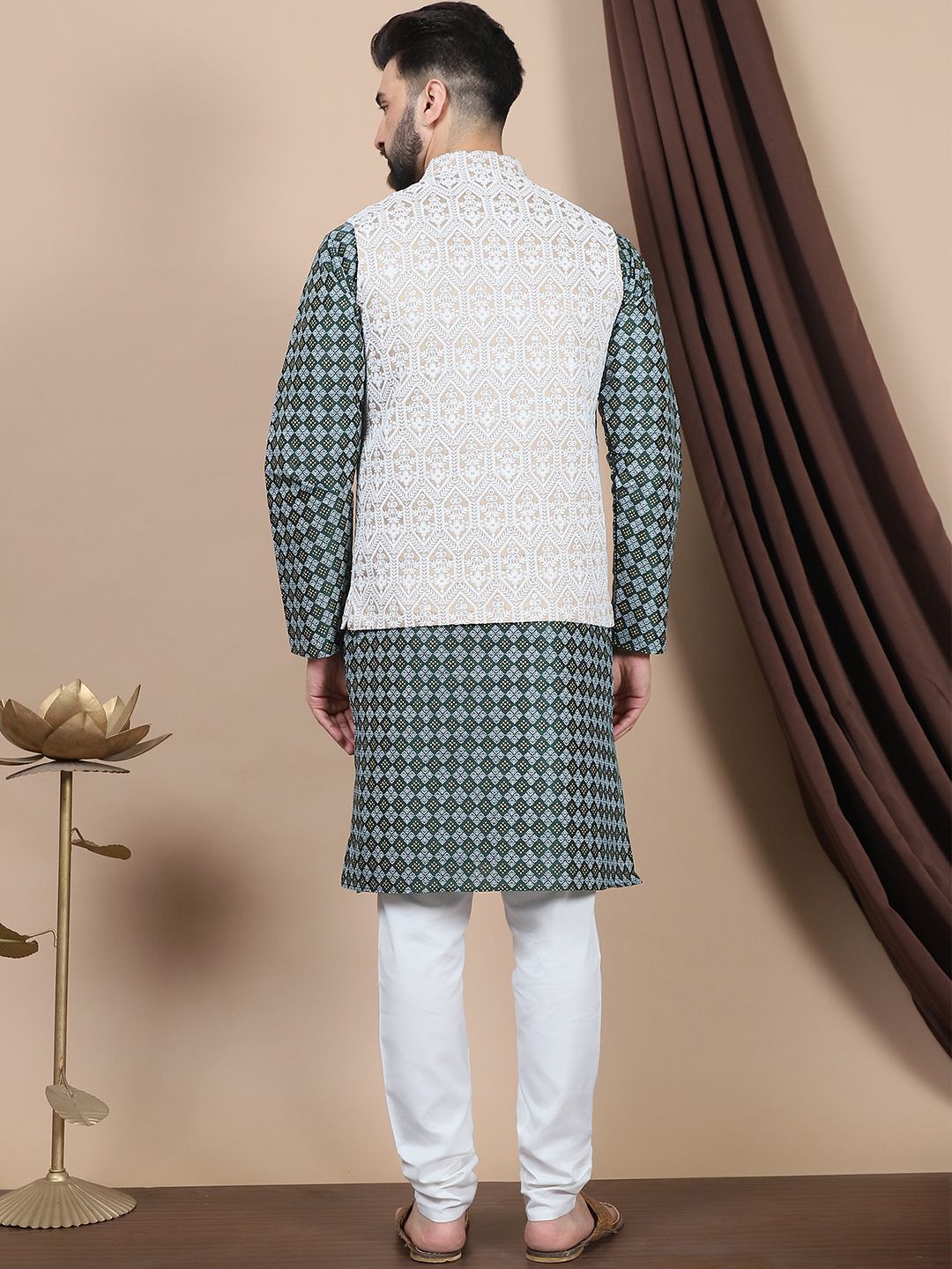 Anouk Floral Printed Regular Straight Kurta With Churidar & Nehru Jacket